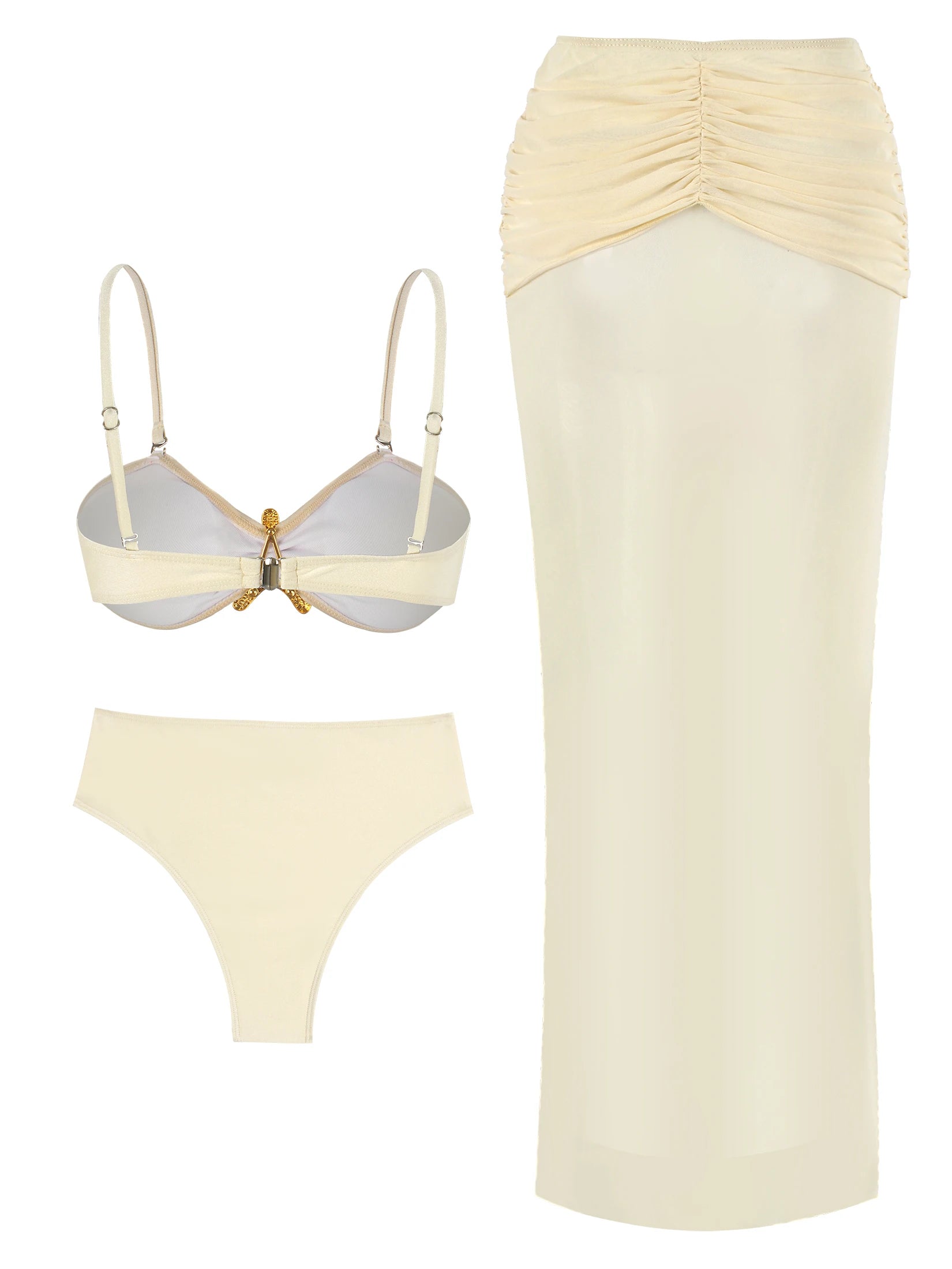 Beige 3 Piece Bikini Set – Strapless Bandeau Top with Sheer Maxi Skirt