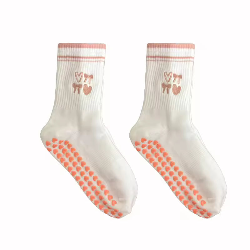 Peach Non Slip Grip Socks Women – Pilates, Yoga & Fitness Knitted Embroidered Socks