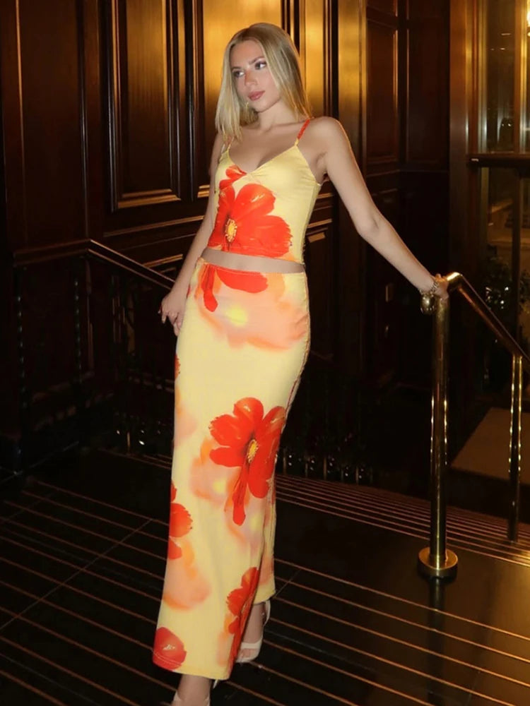 Stylish Print Two Piece Set – Satin Crop Top and Maxi Skirt