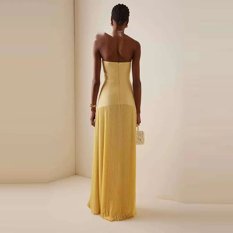 Strapless Pleated Maxi Dress – Elegant Off Shoulder Evening Gown