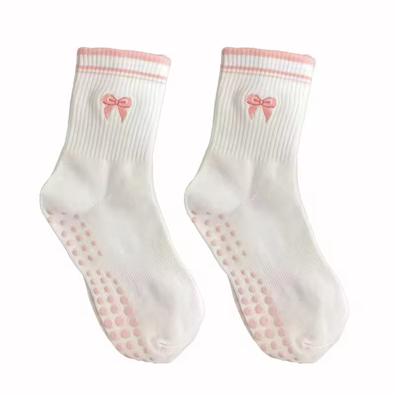 Light Pink Non Slip Grip Socks Women – Pilates, Yoga & Fitness Knitted Embroidered Socks