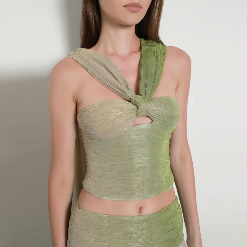 Halter Pleated 2 Piece Set – Elegant Gradient Crop Top & Maxi Skirt Outfit