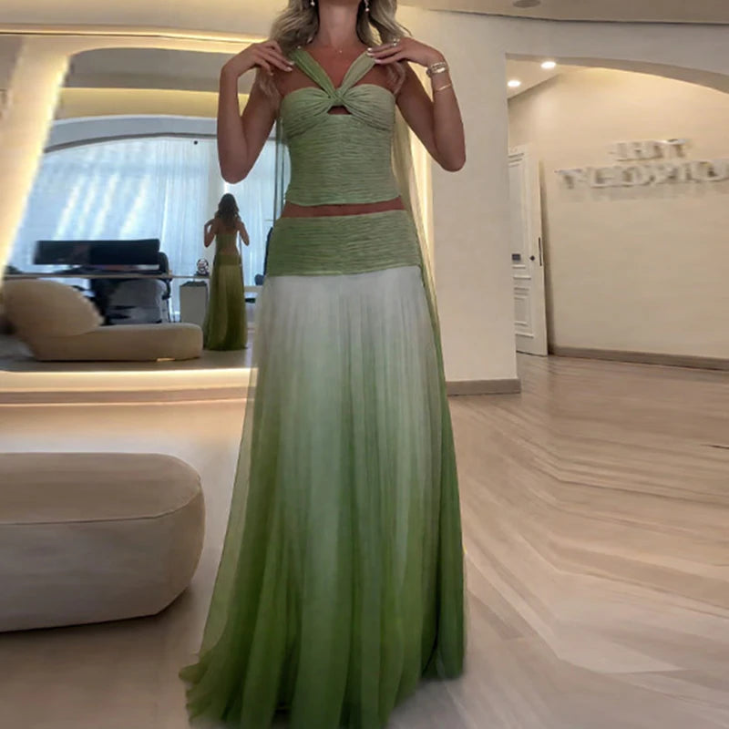 Halter Pleated 2 Piece Set – Elegant Gradient Crop Top & Maxi Skirt Outfit