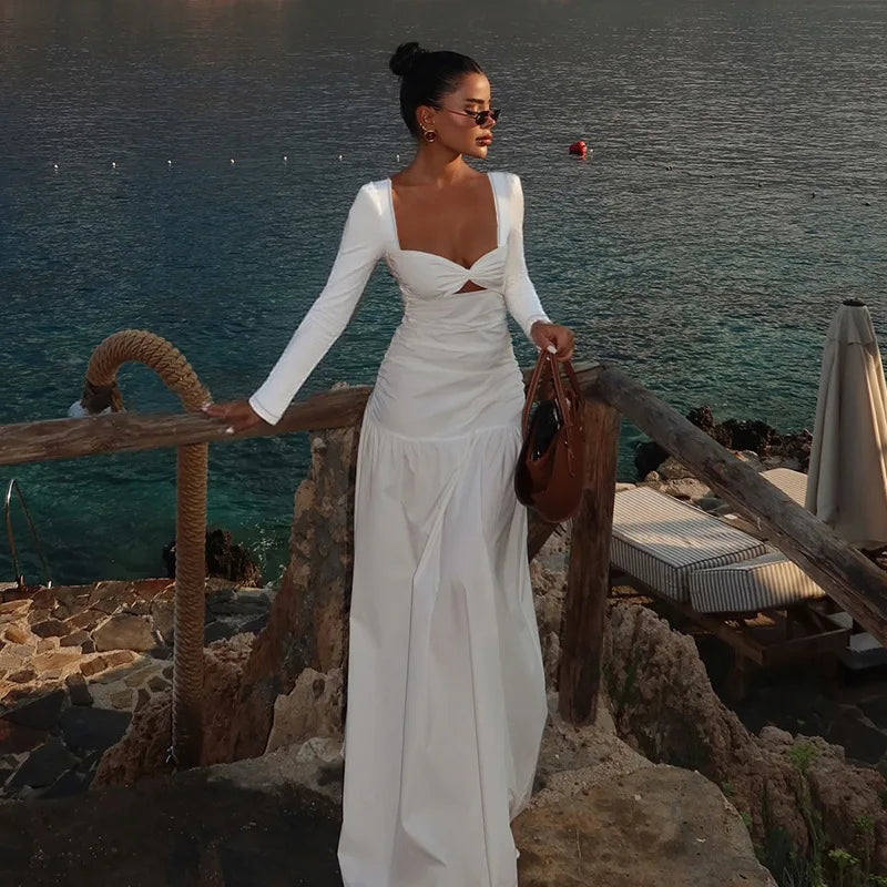 White Cut Out Maxi Dress – Elegant Long Sleeve A Line Beach Outfit