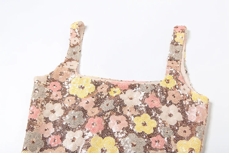 Floral Sequin Mini Dress – Sleeveless Bodycon Square Neck Party Outfit