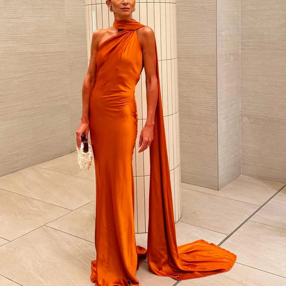 One Shoulder Satin Maxi Dress Formal Evening Gown