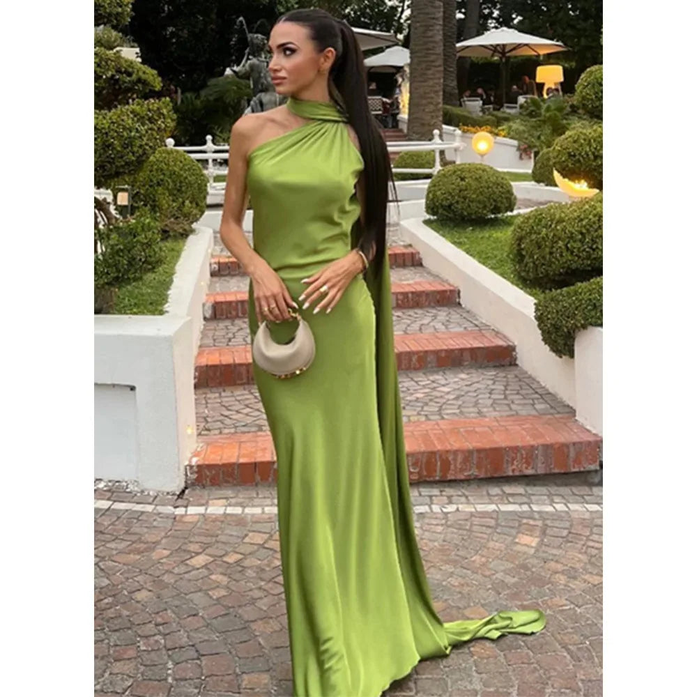 One Shoulder Satin Maxi Dress Formal Evening Gown