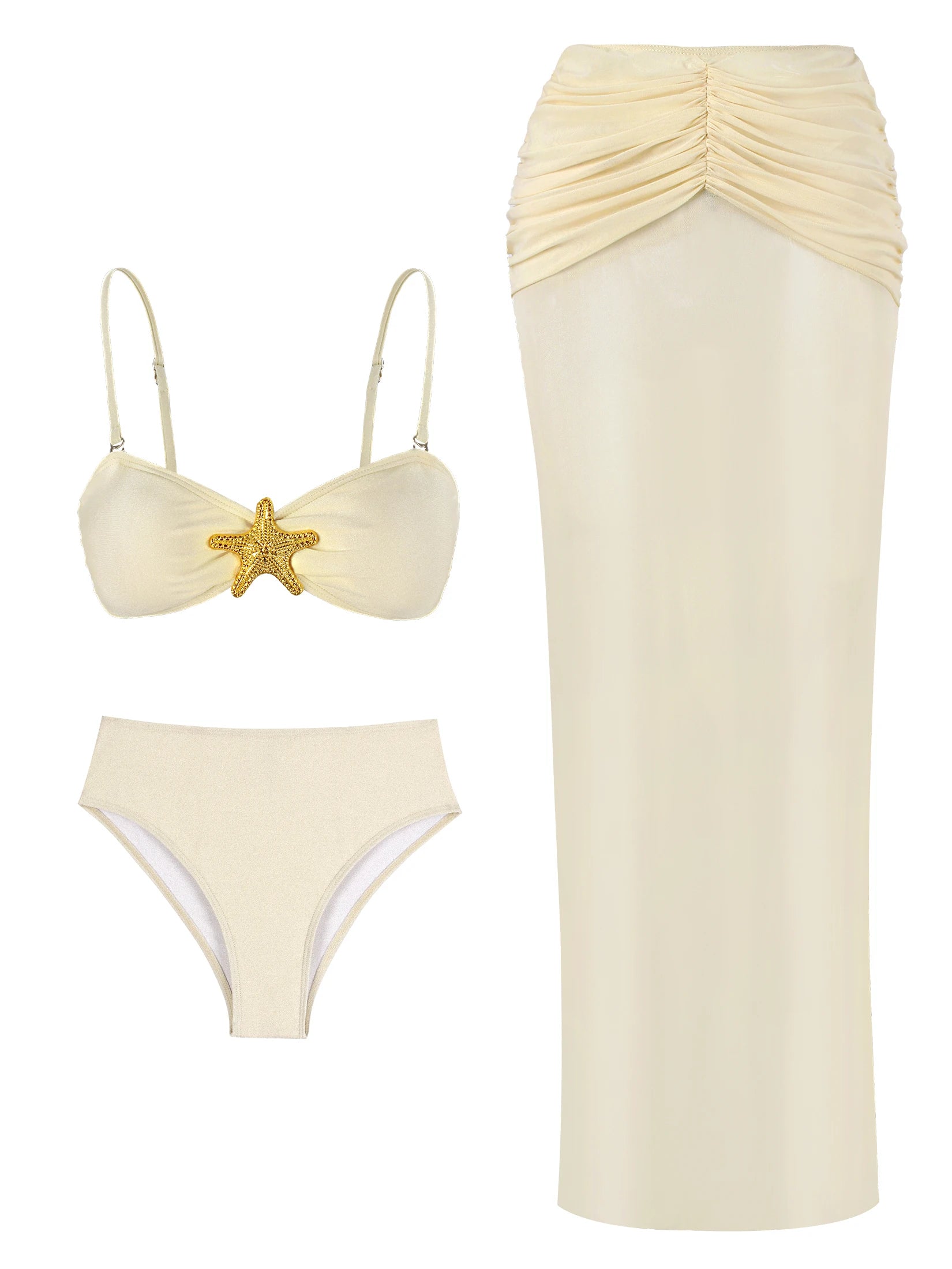 Beige 3 Piece Bikini Set – Strapless Bandeau Top with Sheer Maxi Skirt