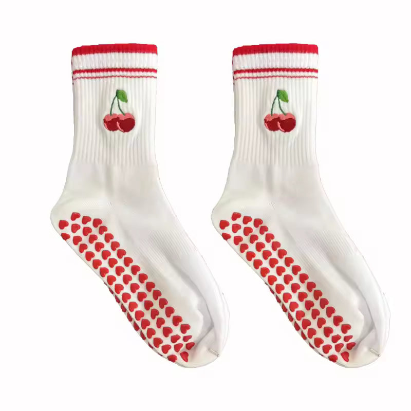Red Non Slip Grip Socks Women – Pilates, Yoga & Fitness Knitted Embroidered Socks