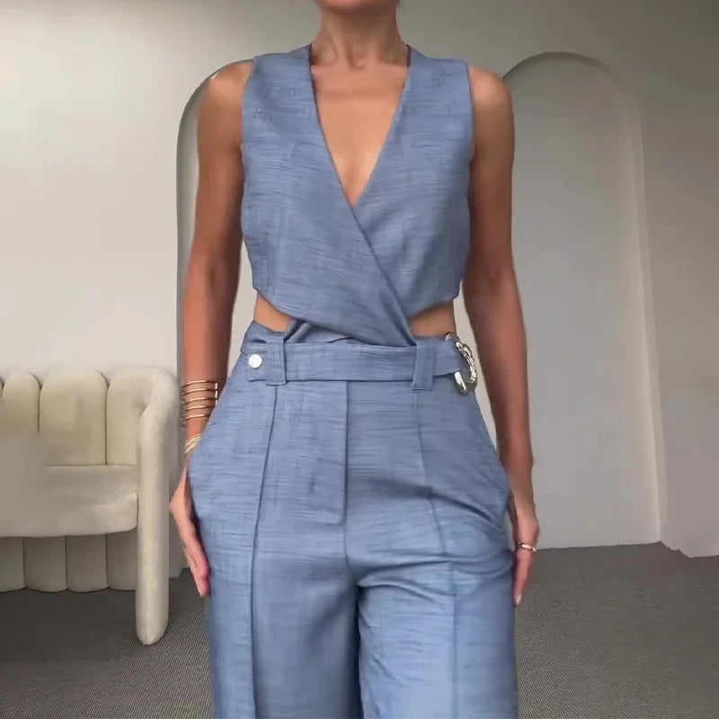 Summer Two Piece Set – Sleeveless Belted Vest Top & High Waist Wide Leg Pants