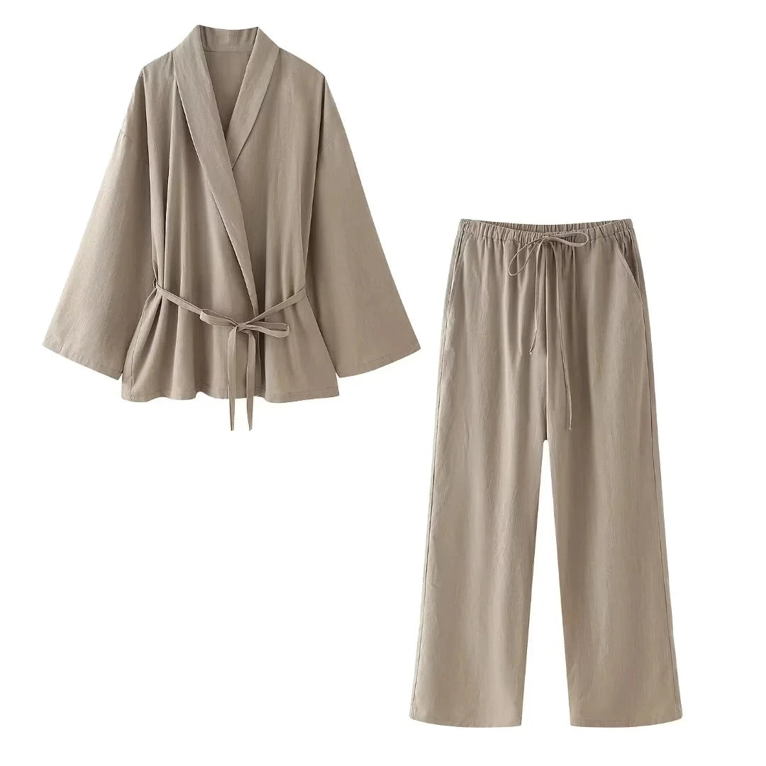 Khaki Two Piece Set – Loose Belted Blazer and Wide Leg Trousers