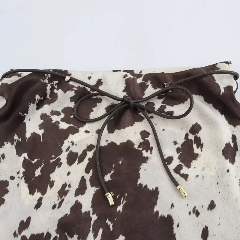 Cow Print Satin Set – Top & High Waist Skirt