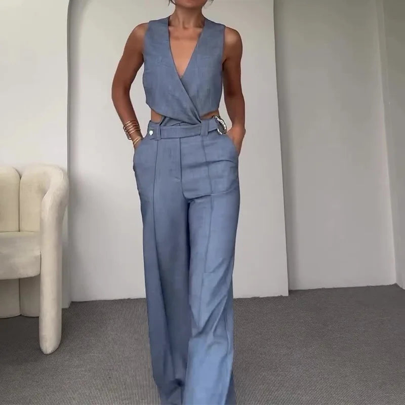 Summer Two Piece Set – Sleeveless Belted Vest Top & High Waist Wide Leg Pants