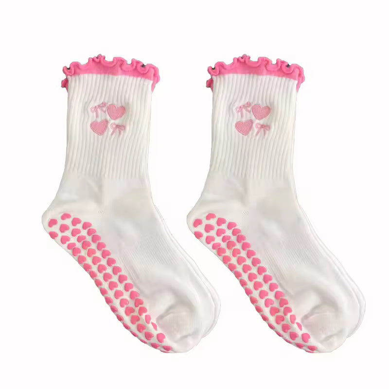 Ruffle Pink Non Slip Grip Socks Women – Pilates, Yoga & Fitness Knitted Embroidered Socks