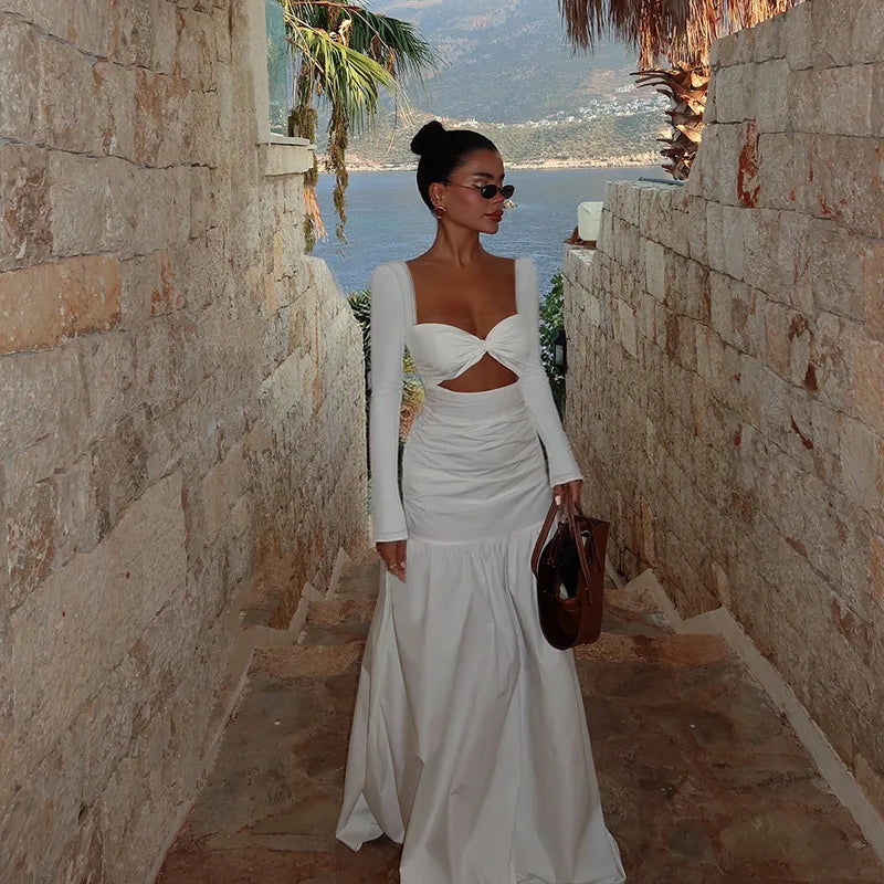 White Cut Out Maxi Dress – Elegant Long Sleeve A Line Beach Outfit