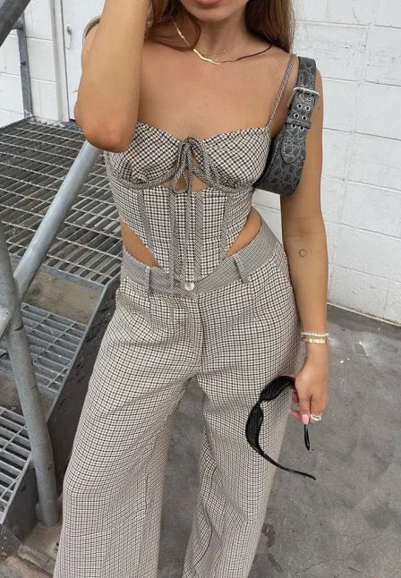 Two Piece Set – Bustier Crop Top & Wide Leg Pants Outfit