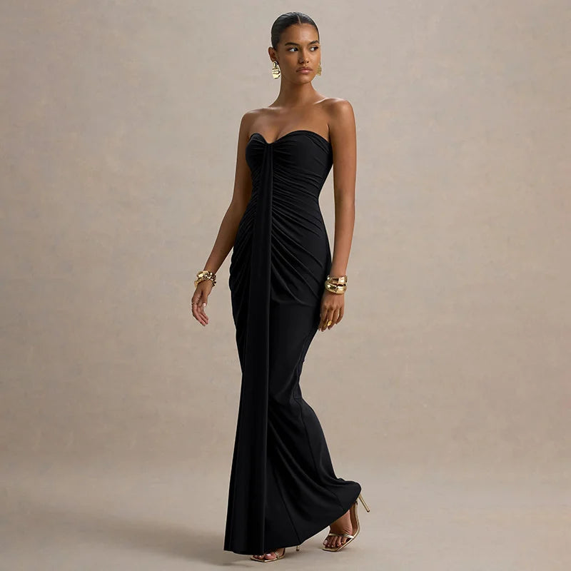 Strapless Maxi Dress – Elegant Ruched Bodycon Evening Gown