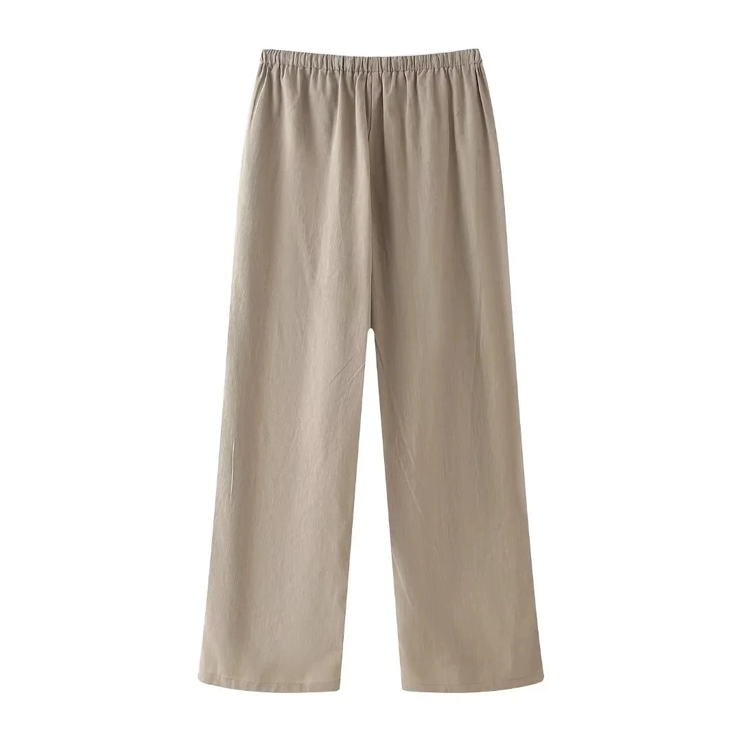 Khaki Two Piece Set – Loose Belted Blazer and Wide Leg Trousers