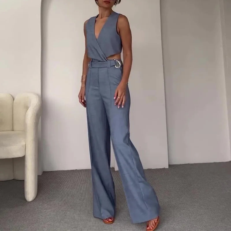 Summer Two Piece Set – Sleeveless Belted Vest Top & High Waist Wide Leg Pants