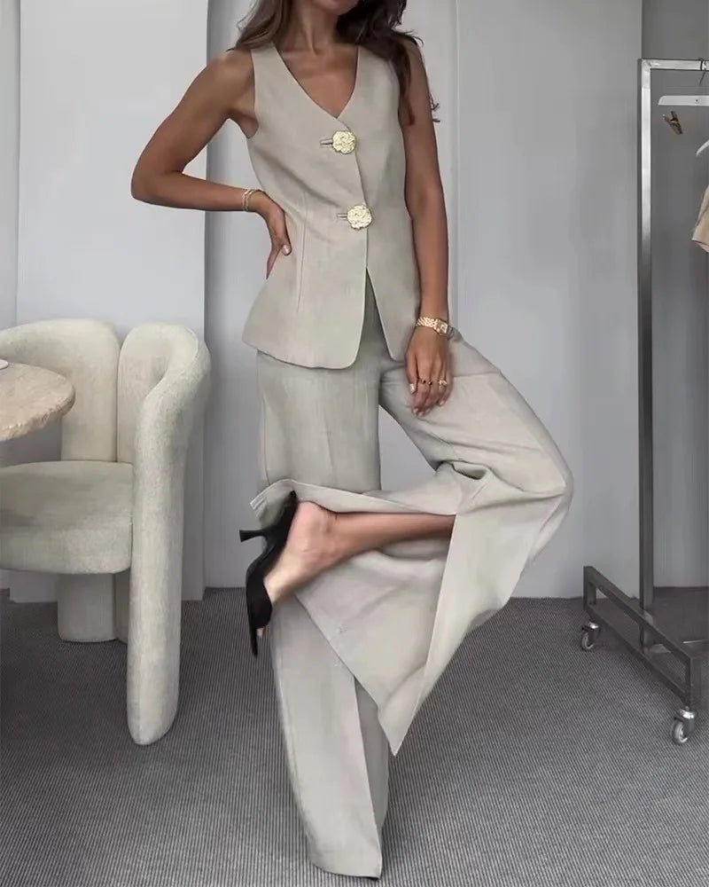 Two Piece Set – Sleeveless V Neck Vest & High Waist Wide Leg Pants