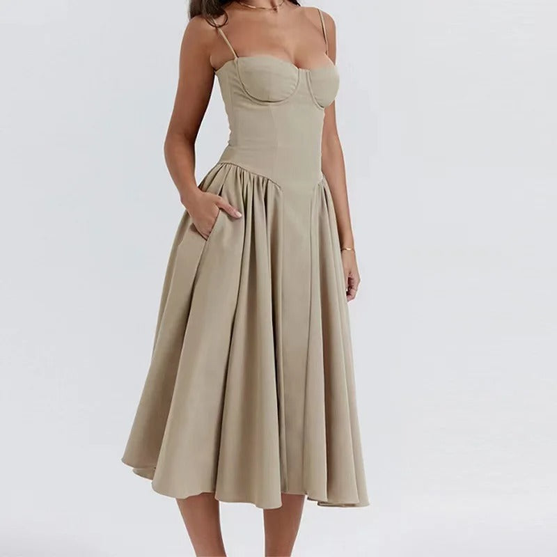 Midi Dress – Vintage Square Neck Sleeveless Summer Dress