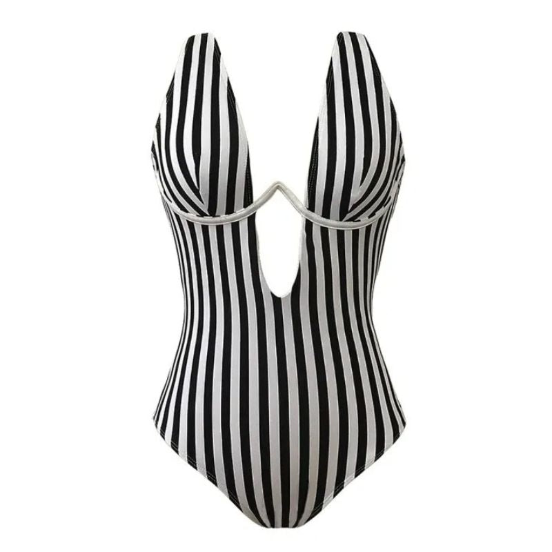 Alaina Striped V-Shaped Swimsuit-Jordyn the Label