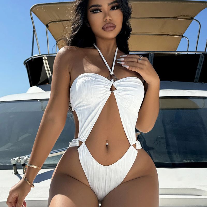 Angela Hollow Back Halter Swimsuit-Jordyn the Label
