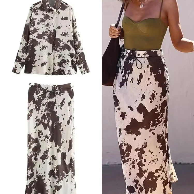 Cow Print Satin Set – Top & High Waist Skirt
