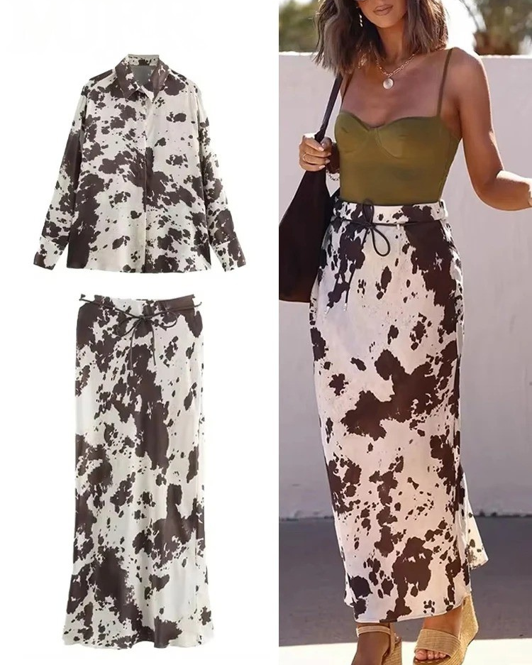 Cow Print Satin Set – Top & High Waist Skirt