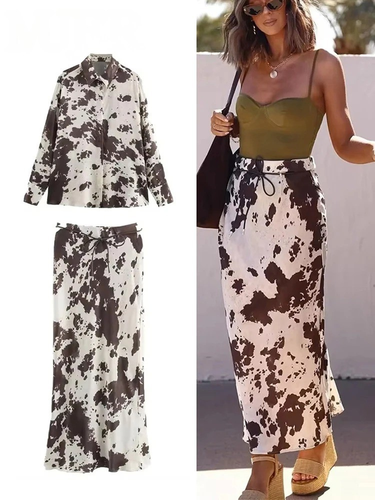 Cow Print Satin Set – Top & High Waist Skirt