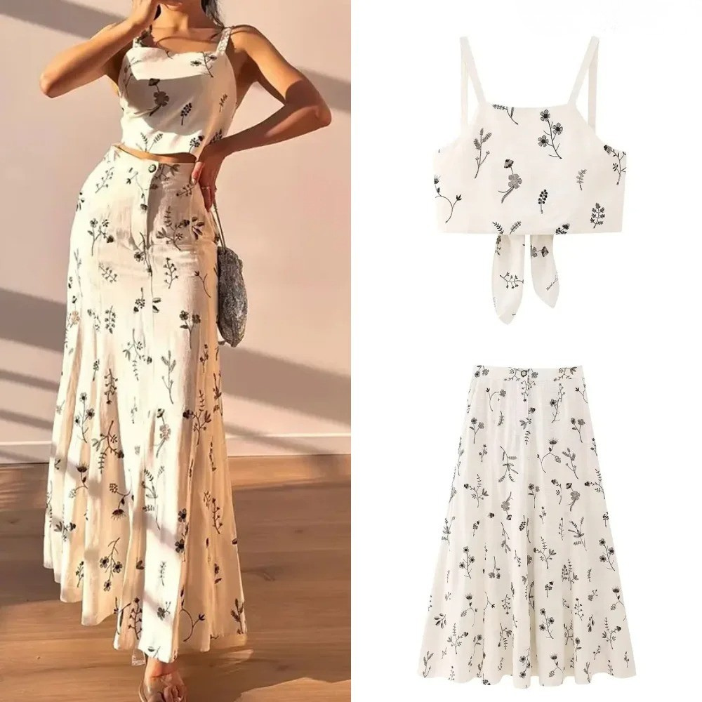 White Floral Two Piece Set – Embroidered Crop Top and Long Skirt