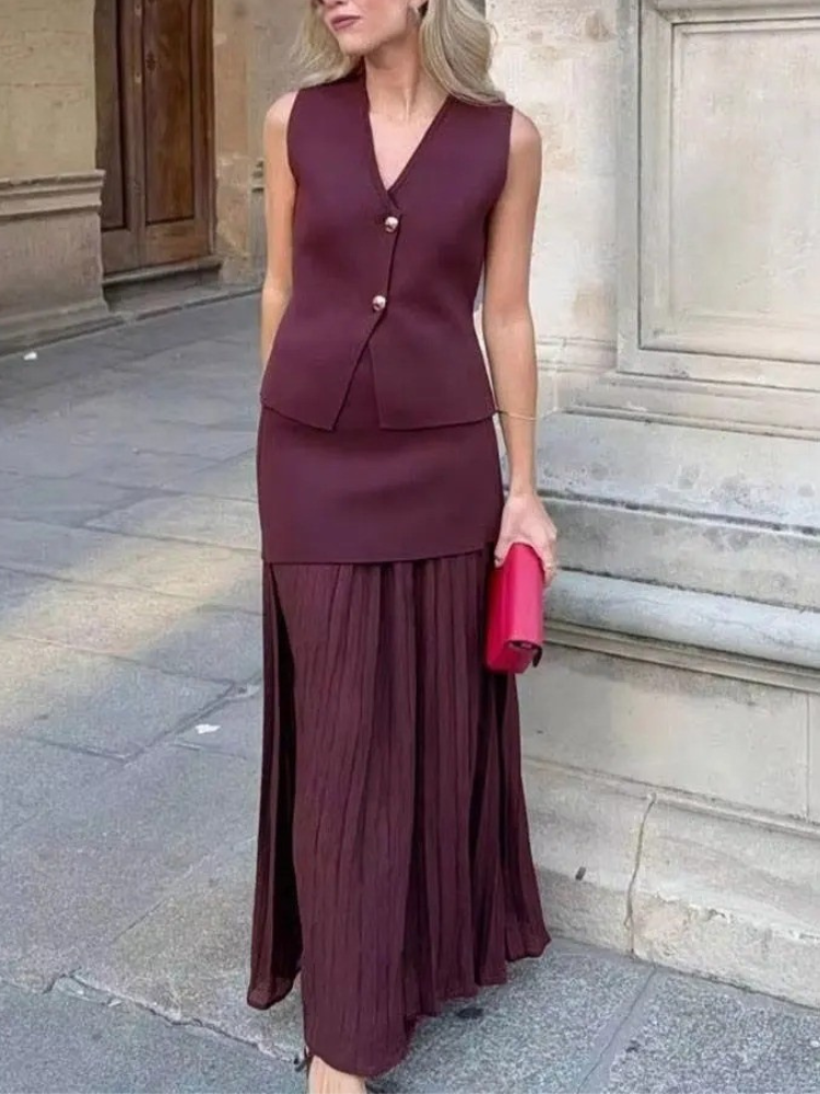 Trendy 2 Piece Skirt Set – Sleeveless Button Vest & Pleated Midi Skirt