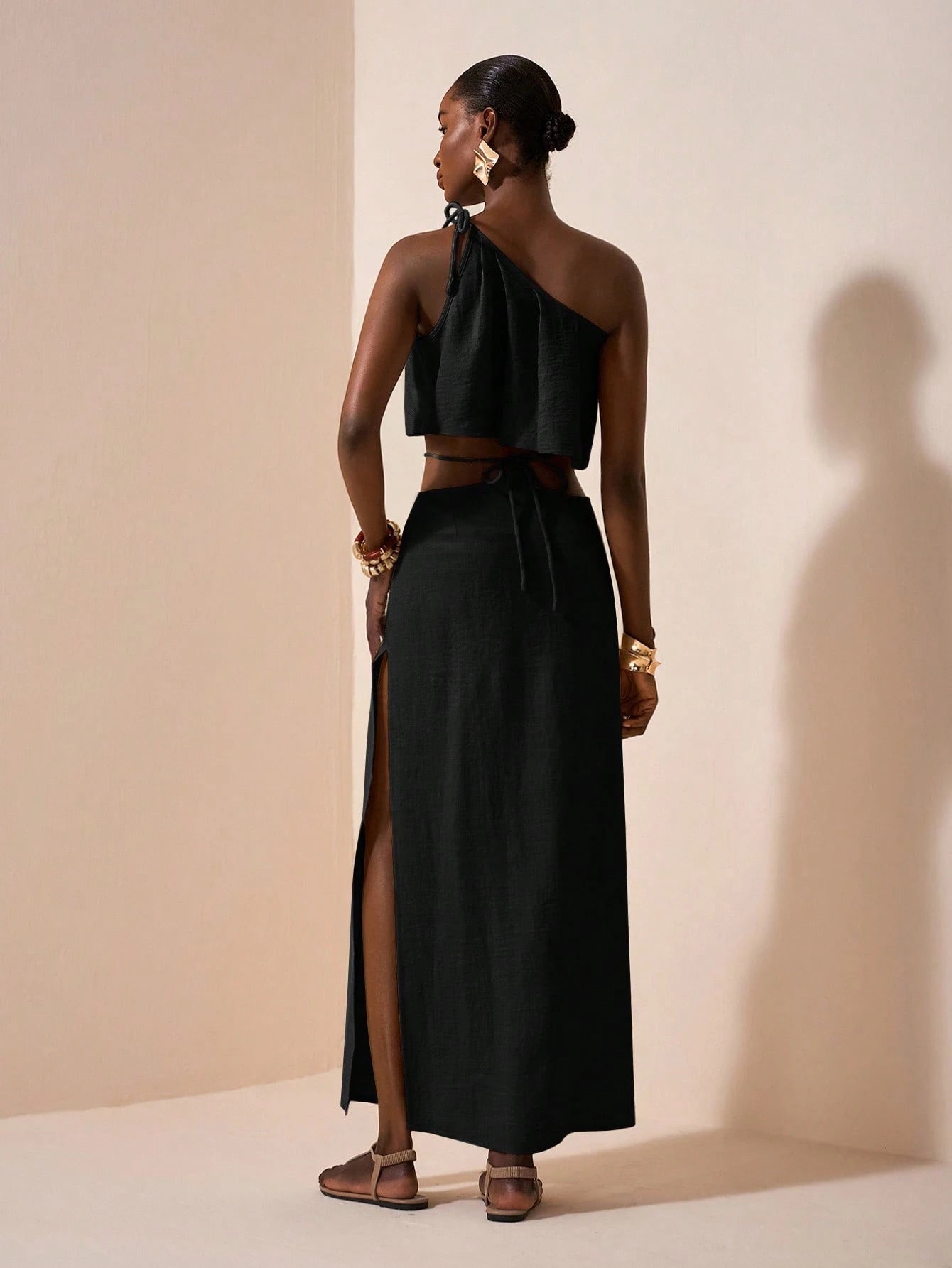 One-Shoulder Two Piece Set – Asymmetrical Crop Top & High Waist Maxi Skirt Linen Blend