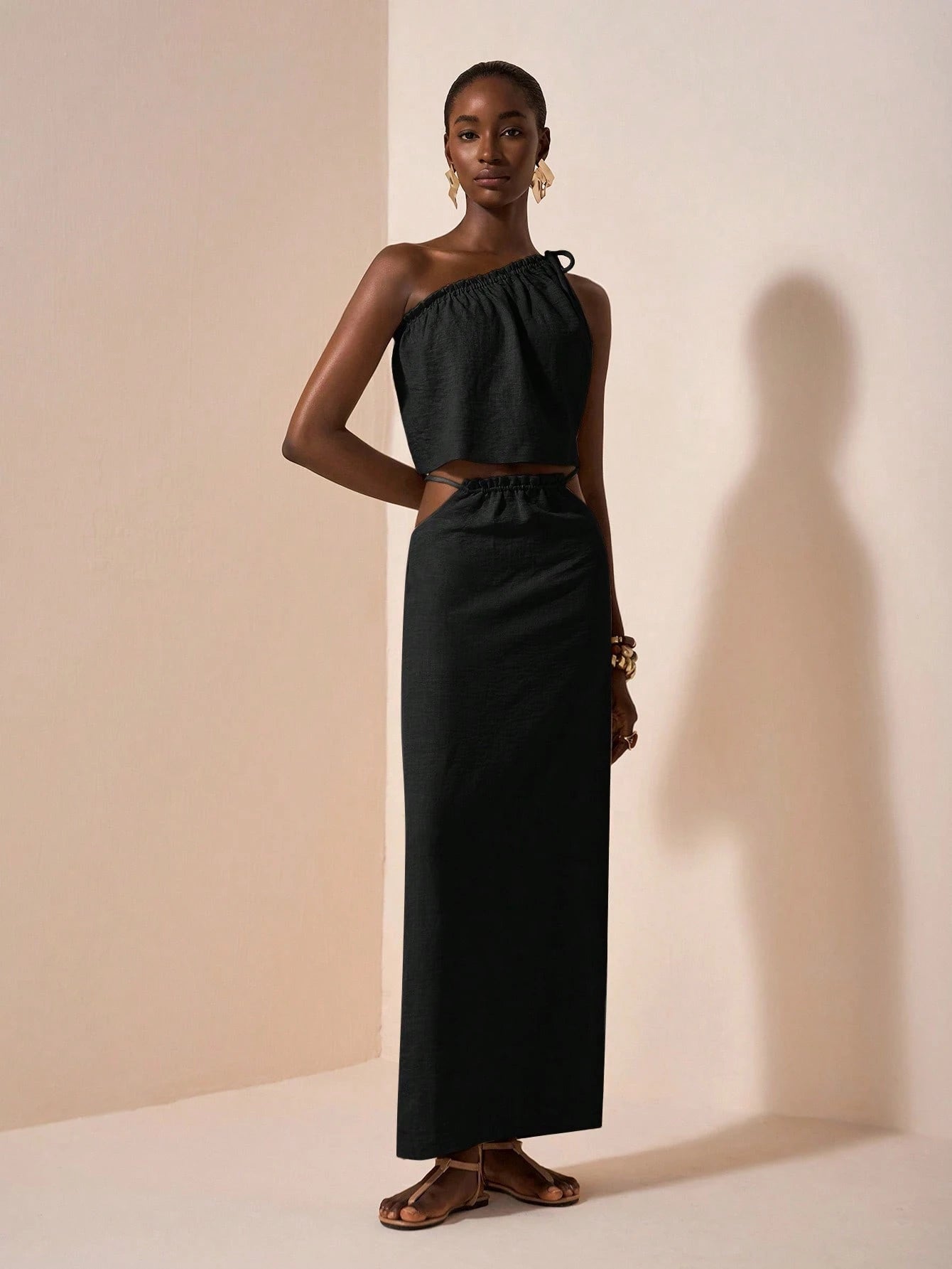 One-Shoulder Two Piece Set – Asymmetrical Crop Top & High Waist Maxi Skirt Linen Blend