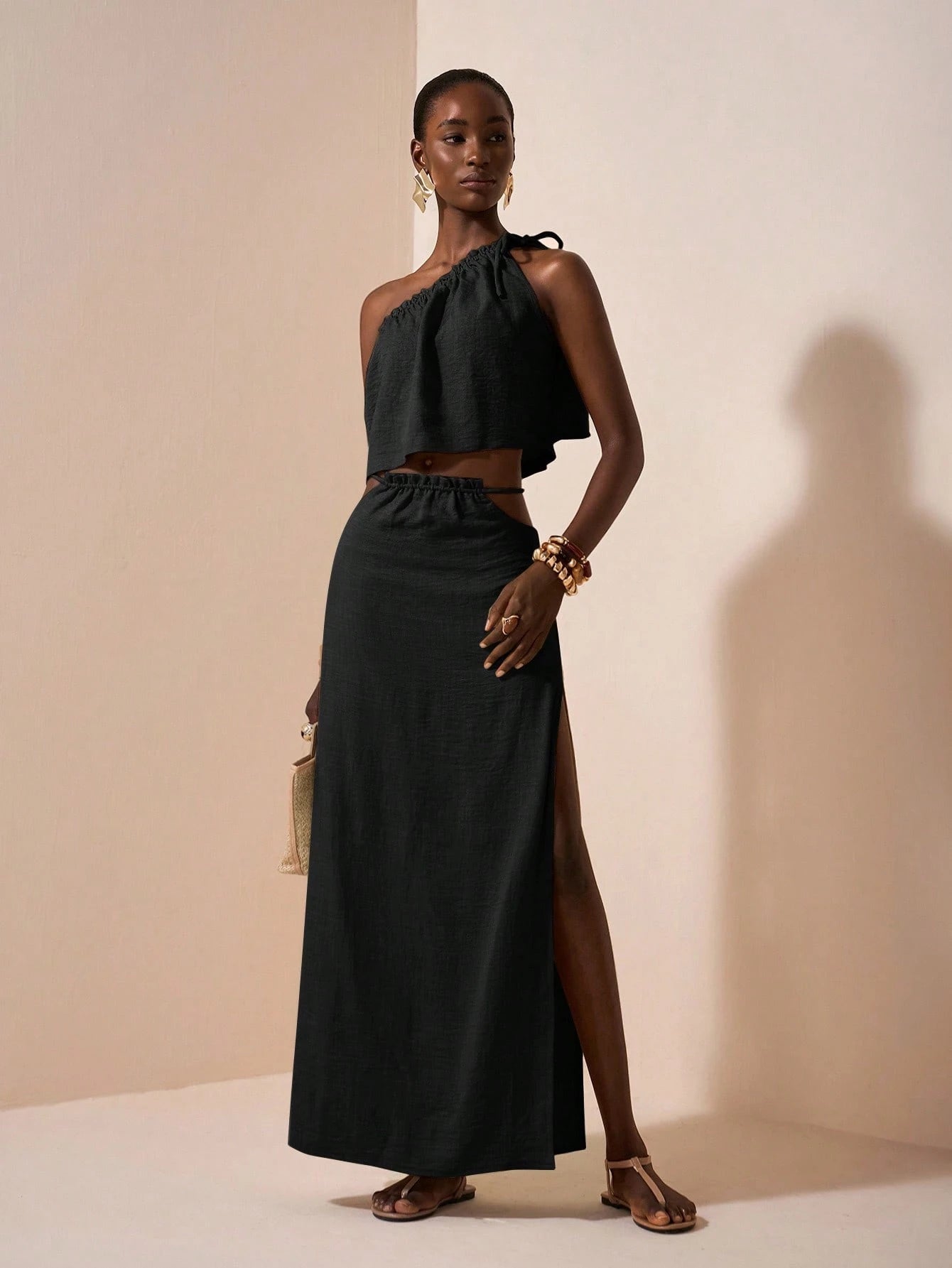 One-Shoulder Two Piece Set – Asymmetrical Crop Top & High Waist Maxi Skirt Linen Blend