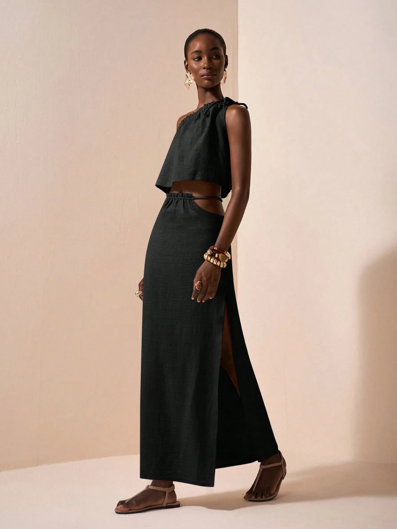 One-Shoulder Two Piece Set – Asymmetrical Crop Top & High Waist Maxi Skirt Linen Blend