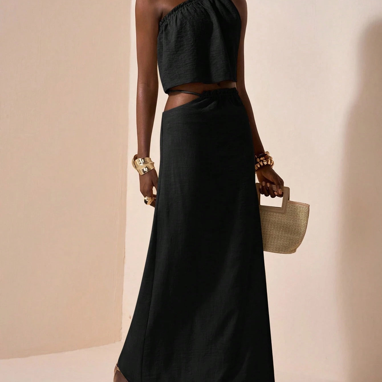 One-Shoulder Two Piece Set – Asymmetrical Crop Top & High Waist Maxi Skirt Linen Blend
