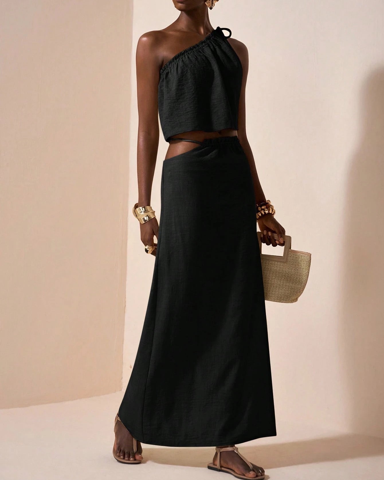 One-Shoulder Two Piece Set – Asymmetrical Crop Top & High Waist Maxi Skirt Linen Blend