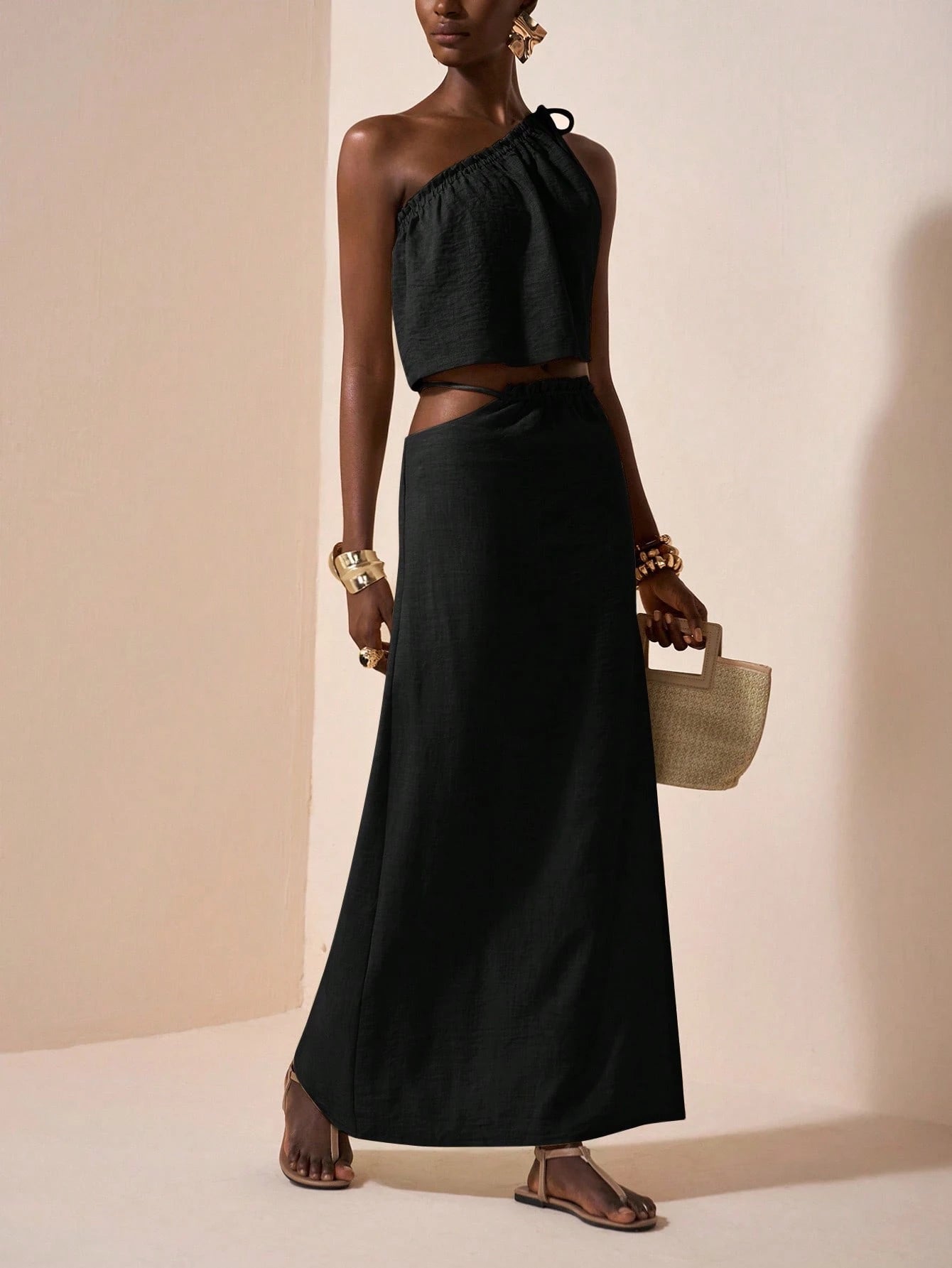 One-Shoulder Two Piece Set – Asymmetrical Crop Top & High Waist Maxi Skirt Linen Blend