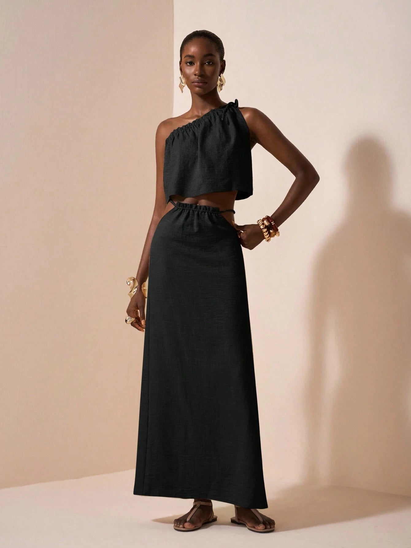 One-Shoulder Two Piece Set – Asymmetrical Crop Top & High Waist Maxi Skirt Linen Blend