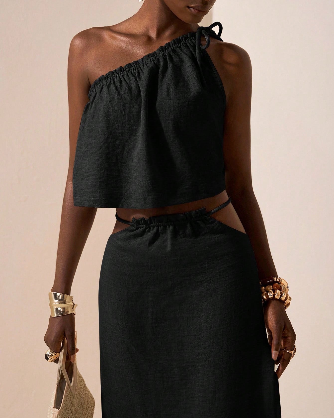 One-Shoulder Two Piece Set – Asymmetrical Crop Top & High Waist Maxi Skirt Linen Blend