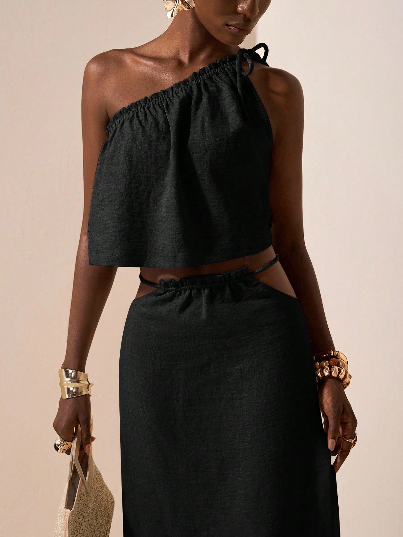 One-Shoulder Two Piece Set – Asymmetrical Crop Top & High Waist Maxi Skirt Linen Blend