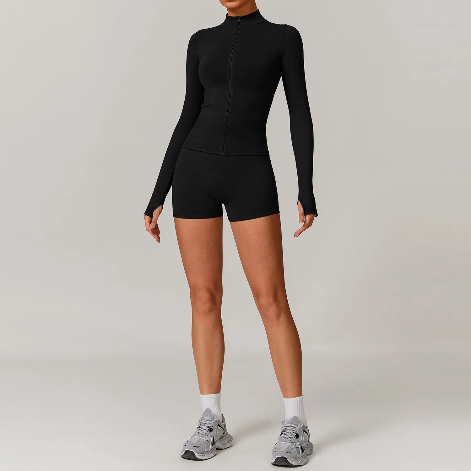 2 Piece Yoga Set – Long Sleeve Zip Crop Top & High Waist Shorts Seamless Activewear