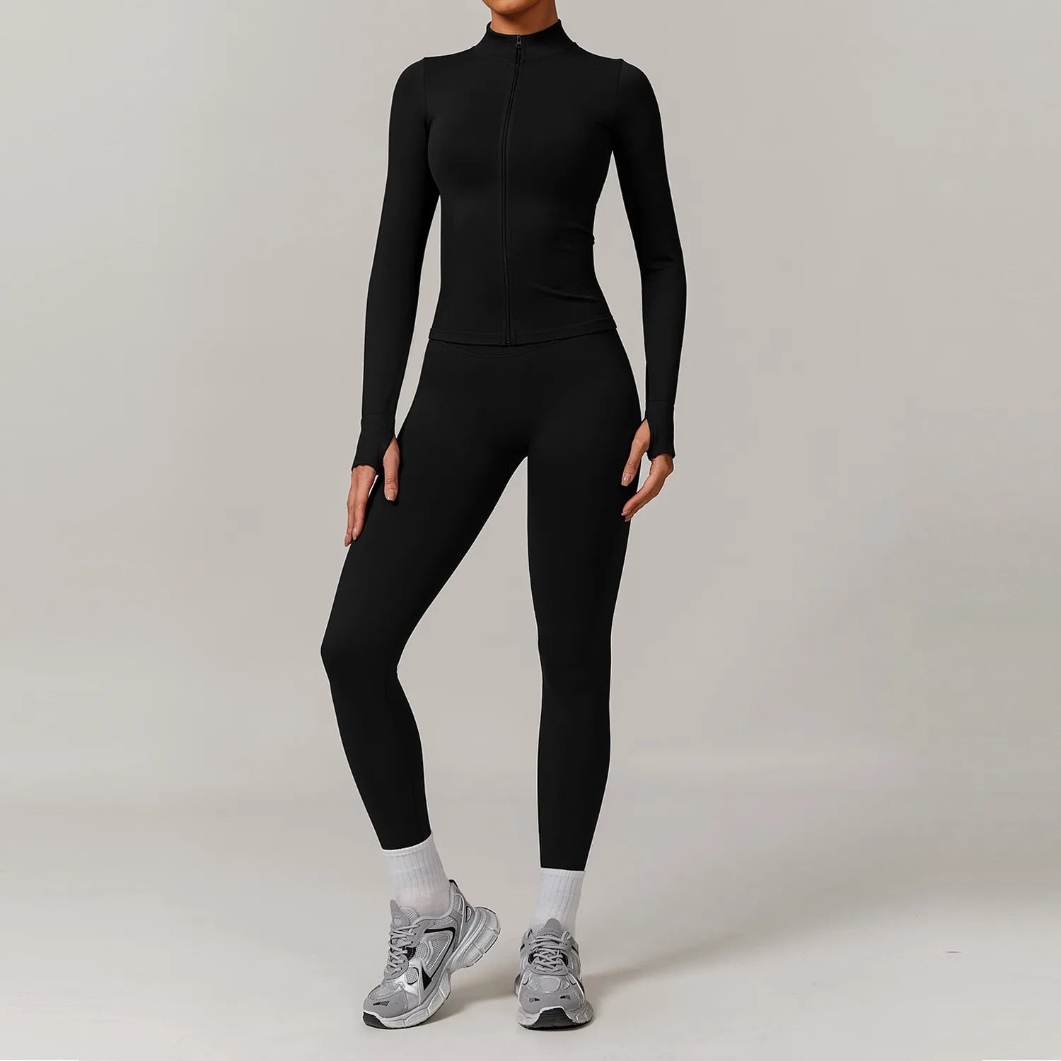 2 Piece Yoga Set – Long Sleeve Zip Crop Top & High Waist Leggings Seamless Activewear