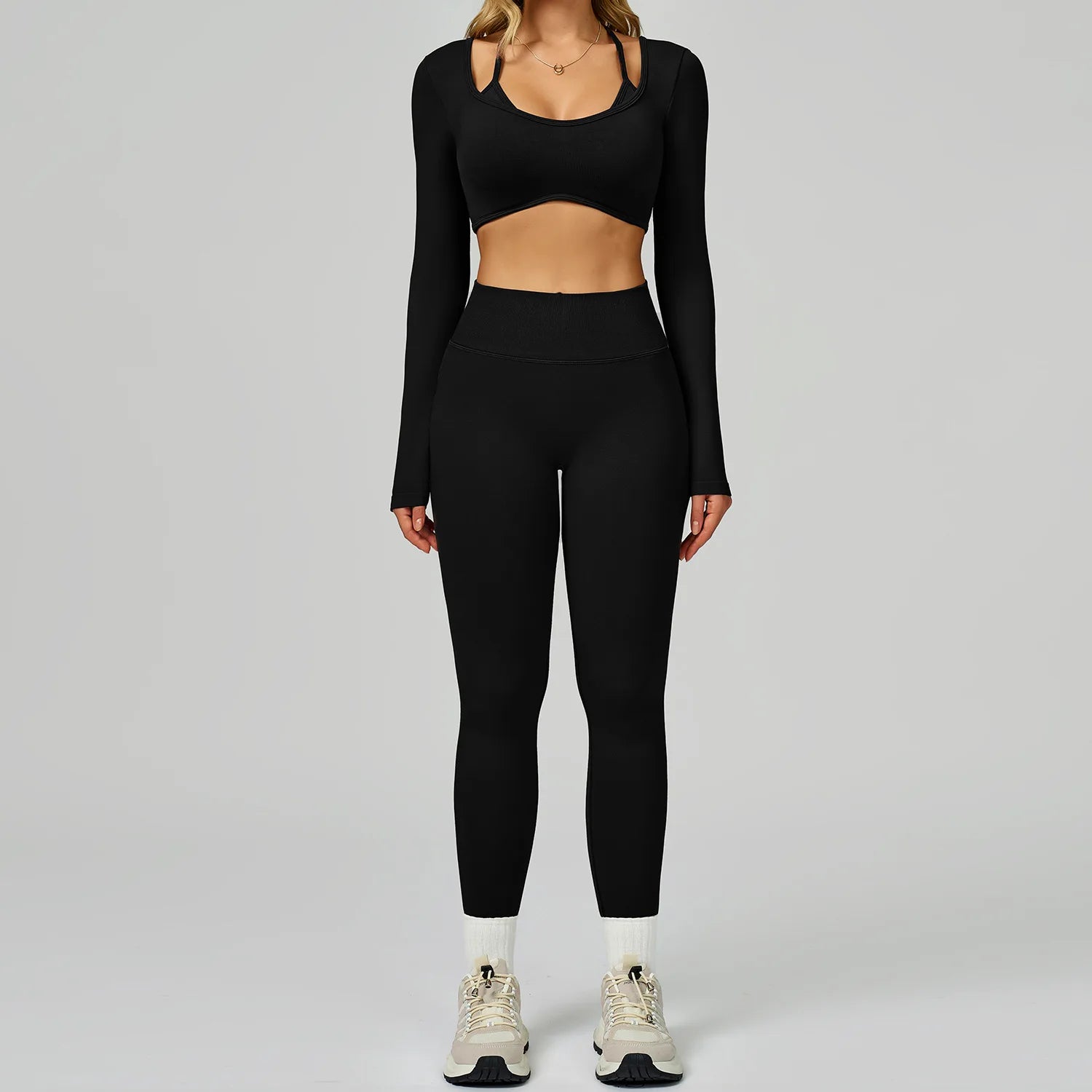 Seamless Yoga Set – Crop Top Long Sleeve & High Waist Leggings Activewear