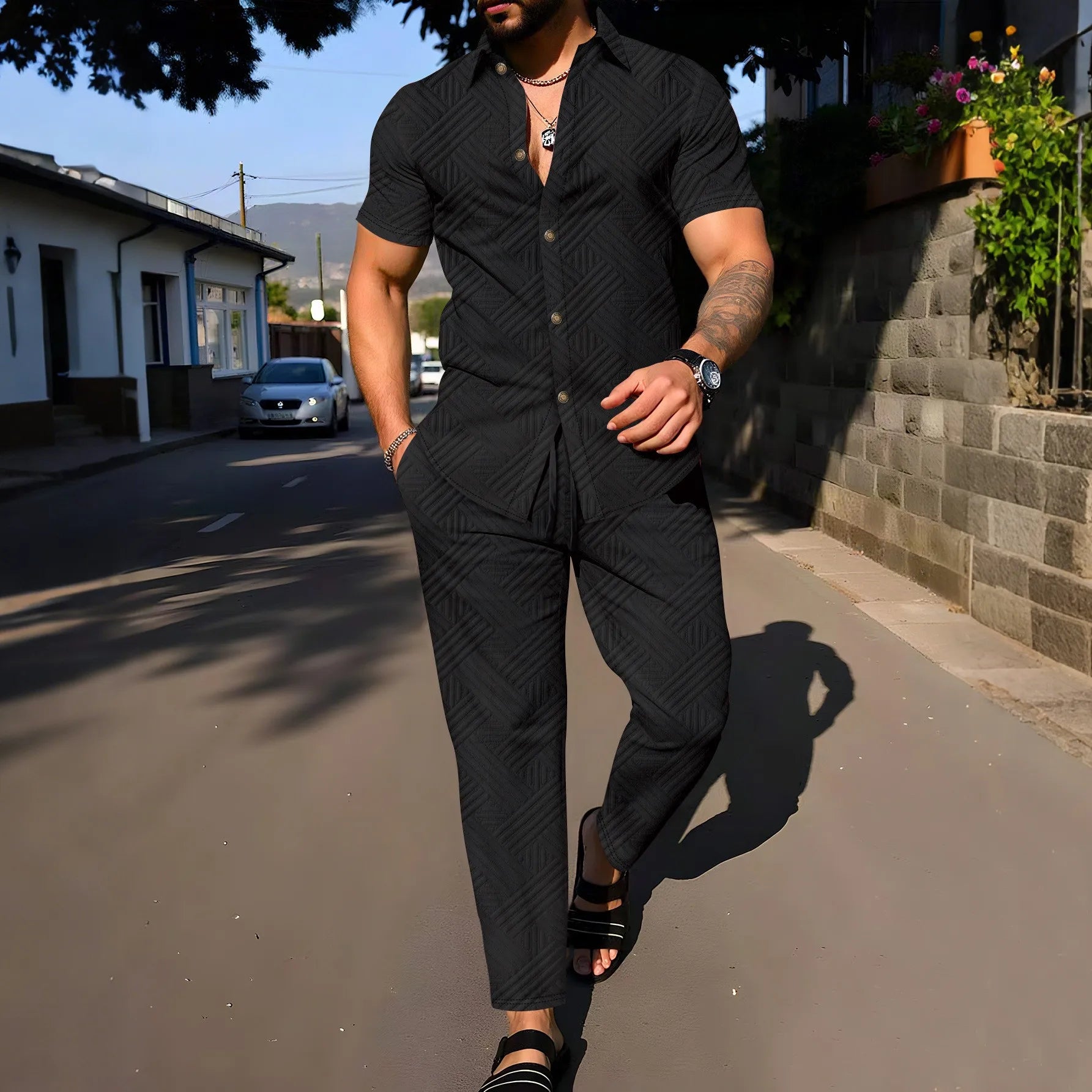 Men’s Linen Button Up Shirt and Pants Set – Casual Summer Outfit