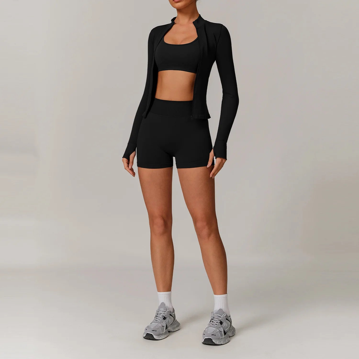 3 Piece Yoga Set – Sports Bra, Long Sleeve Crop Top & High Waist Shorts Seamless Activewear