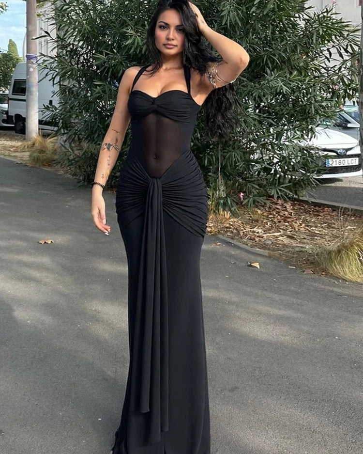 Halter Mesh Ruched Evening Maxi Dress