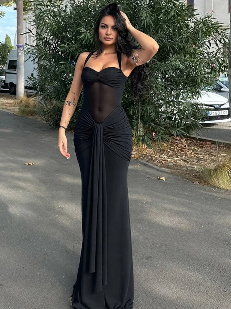 Halter Mesh Ruched Evening Maxi Dress