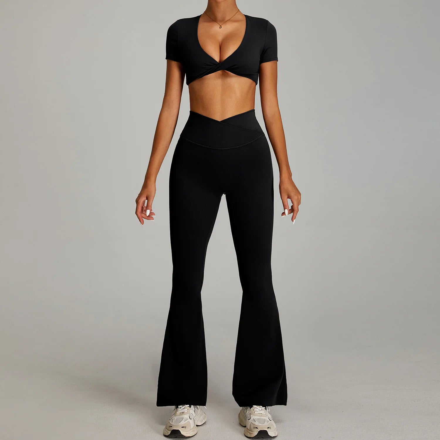 2 Piece Yoga Set – Short Sleeve Crop Top & Flared Leg Pants Gym Activewear
